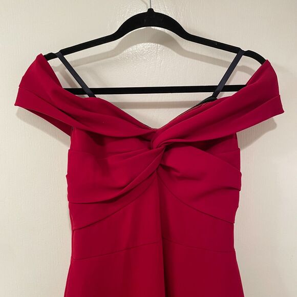 Shoshanna Midnight Off the Shoulder Ruffle Slit Cocktail Long Gown Red 4 - Picture 5 of 13